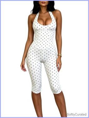 2 Piece Polka Dot Capris Set Halter Corset Top Cropped Leggings Bodycon Jumpsuit